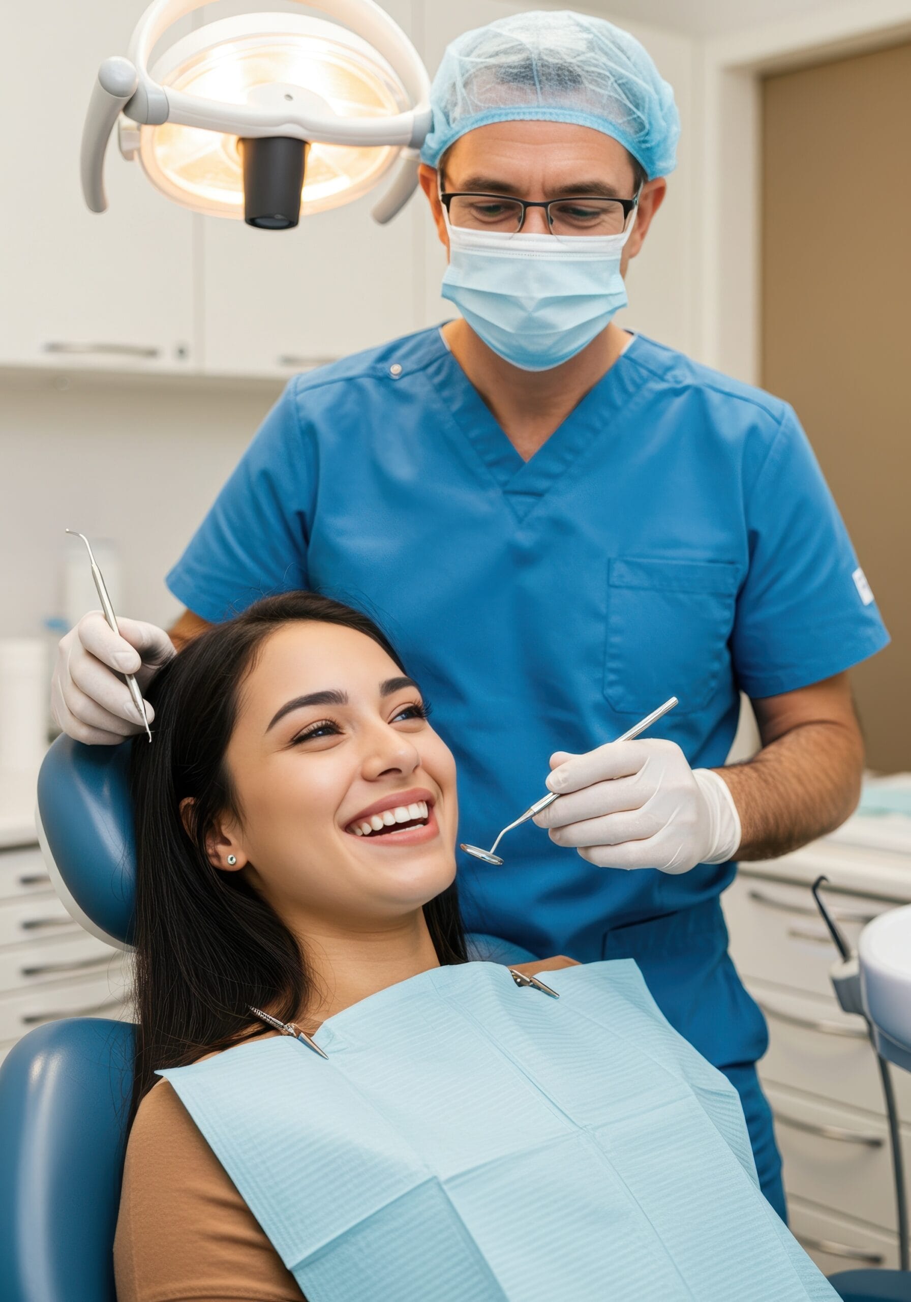 caucasian dentist in blue uniform and mask examining smiling female patient in dental chair under bright light. dental health care, professional medical setting. healthcare, clinic brochure. Emergency Dental Care in Sarnia