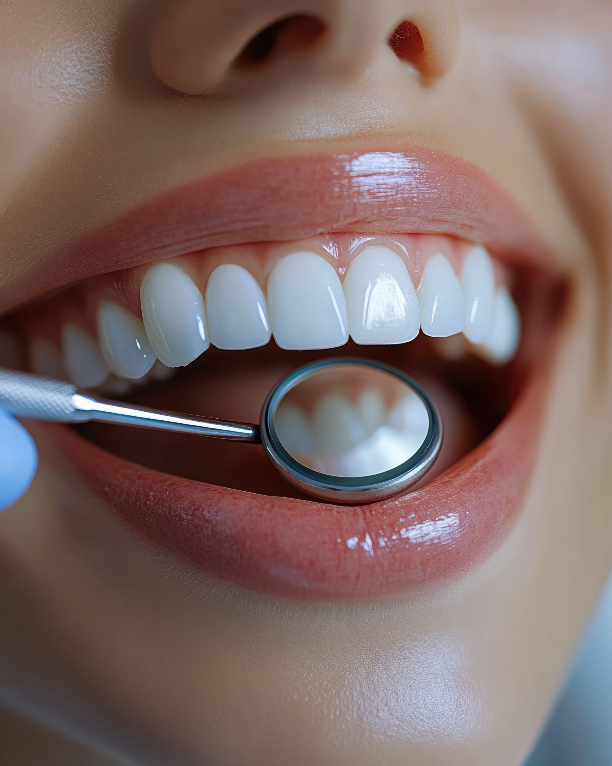close-up of a smiling mouth with glossy lips and bright white teeth being examined with a dental mirror, conveying confidence and healthy oral care Teeth Whitening Sarnia